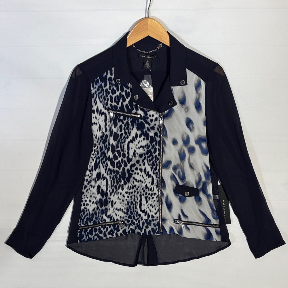 Black Label by Chico’s Navy and White Animal Print Moto Jacket